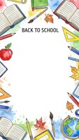 Back to school watercolor frame with books, pencils, apple and autumn leaves on white background for educational design projects.