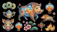 Colorful Chinese zodiac boar clipart set isolated on transparent background, featuring lanterns, coins, and floral elements, ready for T-shirts, stickers, and print on demand.