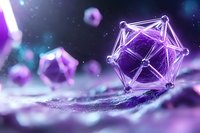 Abstract geometric shapes with glowing purple neon wireframe structure floating in dark space with particles and light effects. Modern futuristic technological concept.