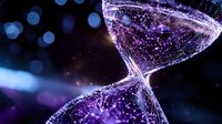 Glowing purple hourglass with sparkling particles and light trails against dark background creates magical time concept with bokeh effects and cosmic atmosphere.
