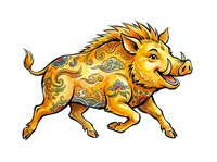 Golden wild boar with ornamental swirl patterns, isolated on white background. Suitable for clipart, t-shirt designs, children's illustrations, and decorative applications.
