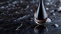 Water drop on dark textured surface creates elegant reflection with copper highlights against black background, showcasing liquid surface tension and minimalist composition.