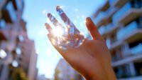 Glowing digital sphere floating above open palm against urban background with sunlight flare, representing future technology and innovation in smart cities.