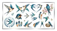 Colorful flying birds collection with swallows, parrots, and feathers isolated on transparent background, ready for t-shirt design, clipart, stickers, sublimation, and print-on-demand projects.