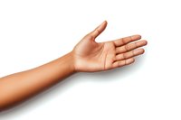Open palm and forearm of young African American woman reaching out against white background, isolated cutout for design and composition.