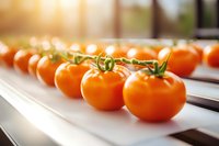Fresh ripe orange tomatoes lined up on white surface with green stems and natural sunlight creating warm glow, macro food photography for healthy eating concept.
