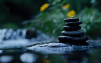 Balanced dark stones with burning candle on wet rock near flowing water create peaceful zen atmosphere for spa and meditation practices.
