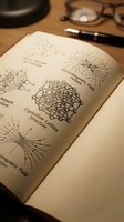 Scientific diagram showing crystalline structures and electromagnetic field patterns on paper with pen and glasses on wooden desk for educational materials.