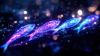 Luminous glowing fish shapes swimming in dark water with sparkles and bokeh effects, magical underwater scene in blue and purple neon colors.