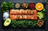 Fresh raw salmon fillet portions with avocado, kale, orange, spices and nuts on black stone board. Healthy omega-3 rich cooking ingredients.