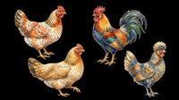 Colorful rooster and hen illustrations isolated on transparent background, ready for t-shirt designs, clipart, stickers, sublimation, and print-on-demand products.
