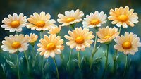 Glowing orange and white daisies arranged in row against blurred teal background create dreamy spring garden atmosphere for nature and floral designs.