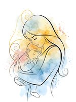 Tender mother holding newborn baby in loving embrace with soft watercolor splashes and decorative swirls for motherhood and parenting designs.