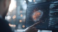 Programmer analyzing complex data visualization with glowing orange particle cluster on computer screen in dark office environment.