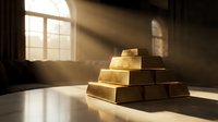 Stack of golden bars arranged in pyramid formation on reflective surface with dramatic sunlight streaming through arched window creating warm atmospheric lighting.