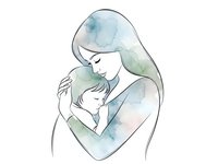 Tender watercolor mother embracing child in soft pastel hues, minimalist line art style perfect for greeting cards, nursery decor and family-themed designs.