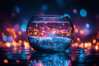 Round glass bowl with glowing blue liquid and floating sparkles against dark background with colorful bokeh lights creating magical atmosphere and reflection.