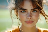 Young woman with natural freckles and bright blue eyes smiling at camera in warm sunlight, wearing orange top, with messy updo hairstyle and soft bokeh background.