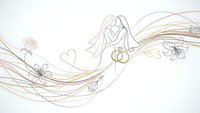 Wedding couple silhouette with golden rings and flowing ribbons on white background. Romantic line art design for invitations and celebration materials.