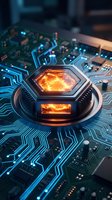 Futuristic hexagonal processor with glowing orange core on circuit board with blue illuminated pathways for technology and computing concepts.