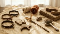 Flat lay of cat accessories on craft paper: leather collars with bells, yarn spools, wooden toys, feather wand, toy mouse, grooming brush, and vintage book.