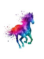 Vibrant rainbow colored horse in motion with flowing mane and paint splashes isolated on white background for creative design projects.