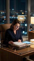 Professional businesswoman working late at office desk reviewing documents with city lights background at night.