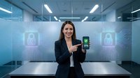 Professional businesswoman presenting smartphone with security features in modern tech office environment for corporate presentations.