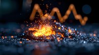 Explosive spark with orange flame and blue bokeh lights on dark background, dramatic macro photography capturing moment of ignition and energy burst.