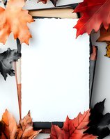 Blank white paper surrounded by watercolor autumn maple leaves in red, orange and black creating seasonal border frame on light background.