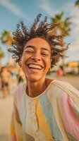 Young woman with brown skin, curly textured hair, and a radiant smile at a tropical beach location wearing a colorful striped shirt. Perfect for lifestyle, happiness, and summer travel campaigns.