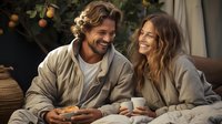 Young couple sharing genuine laughter during morning coffee on patio, wearing cozy loungewear. Natural lighting creates warm atmosphere while enjoying breakfast outdoors.