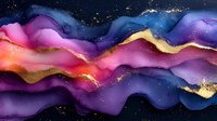 Abstract fluid art background with flowing waves in purple, pink and blue colors decorated with gold and glitter elements on dark surface. Luxury modern design.
