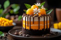 Orange chocolate layer cake with dark drip glaze, decorated with fresh kumquats and white flowers on top, served on dark plate against rustic background.