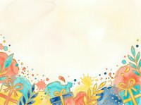 Colorful gift boxes with ribbons, leaves and decorative elements scattered on cream background, ideal for holiday greeting cards, festive invitations and seasonal marketing materials.