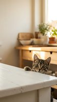 Curious tabby kitten peeking over white table edge in warm cozy kitchen interior with wooden furniture and natural lighting for home decor concepts.