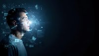 Young businessman with digital technology interface and data visualization elements surrounding his profile on dark background for business concepts.