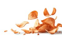 Scattered potato chips fragments and crumbs on white background, crispy snack food pieces isolated, ready for commercial food packaging and advertising designs.