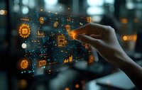 Female hand touching virtual interface with glowing financial technology icons and data analytics dashboard in dark modern office environment with bokeh lights.