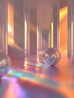 Metallic spheres reflect iridescent light in futuristic corridor with tall columns, creating dramatic shadows and rainbow reflections on glossy surface. Surreal architectural space.