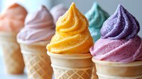Colorful soft serve ice cream cones in pastel colors of yellow, purple, pink, mint green and peach arranged in row, close up view with selective focus.