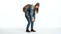Young woman with long brown hair, Caucasian ethnicity, wearing denim jacket and backpack, bending forward in hiking or travel pose against white background.