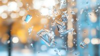 Sparkling crystal diamonds falling against blurred golden and blue bokeh background with magical light effects and reflections. Luxury jewelry concept.