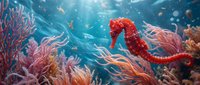Red seahorse swimming among vibrant coral reef with colorful sea anemones and marine plants in tropical underwater ocean environment with sunlight rays.