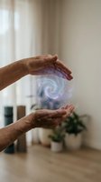 Elderly hands protecting glowing spiral energy orb with magical light effects in modern home interior for wellness and spiritual healing concepts.