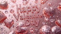 Metallic rose gold Happy Valentine's Day text with floating hearts and glitter on pink background, romantic festive holiday celebration design element.
