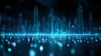 Glowing blue cityscape silhouette with luminous particles and bokeh effects against dark night sky, modern urban technology concept for business backgrounds.