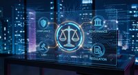 Digital legal technology interface with scales of justice symbol surrounded by compliance, governance and regulation icons on futuristic city background.