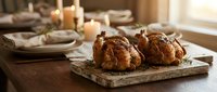 Golden roasted chickens on rustic wooden board with warm candlelit dining table setting for festive family dinner celebration.