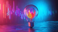 Glowing light bulb with colorful neon audio waves inside on dark background with pink and blue gradient lighting effects, creative concept for music and innovation.